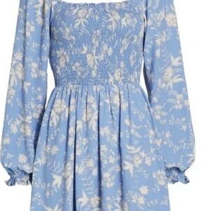Wayf Blue Floral Smocked Puff Sleeve Dress